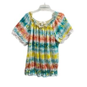 French Laundry Top Women 3X Multicolor Scoop Neck Eyelet Embroidered Short Sleev